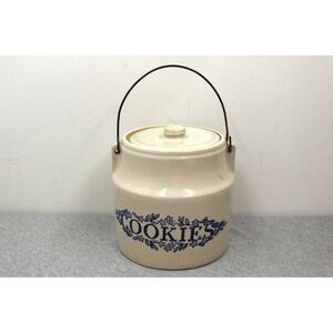 USA Stoneware‎ Cookie Jar Crock Cream Blue Floral Ovenproof Bale Handle Vintage